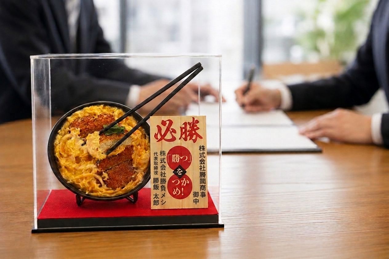 必勝カツ丼、専用木札とともに飾られた完成品